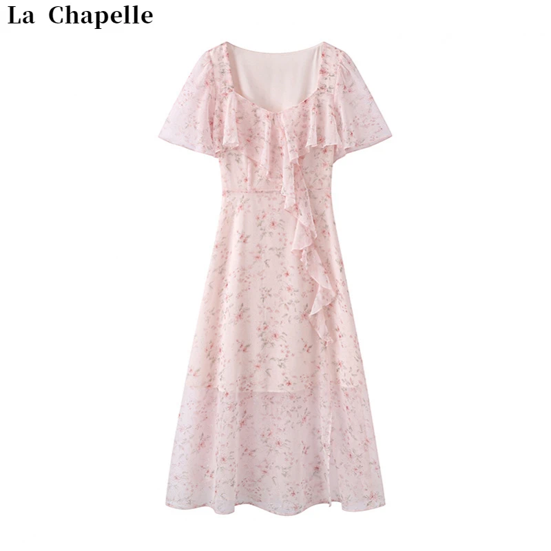La Chapelle/拉夏贝尔6011夏新款樱花粉出行穿搭雪纺碎花连衣裙女