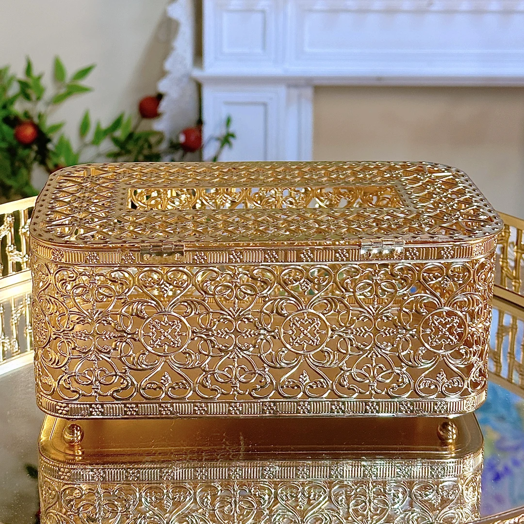 金色雕花纸巾盒轻奢客厅茶几抽纸盒摆件