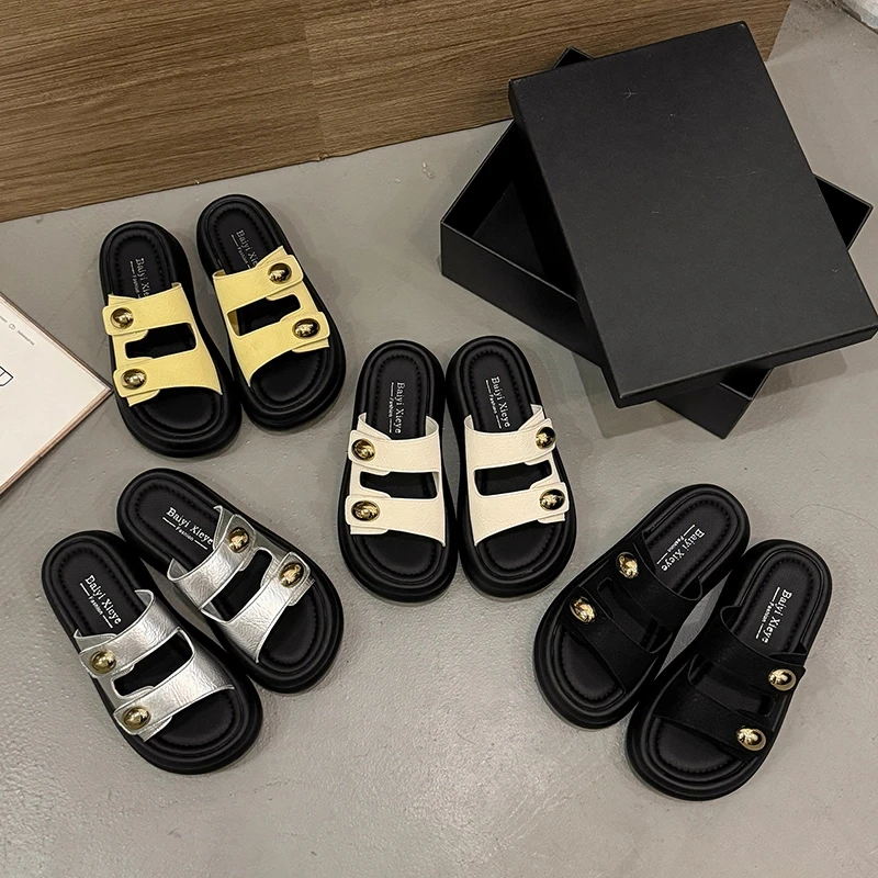 【商场同款】小金豆魔术贴2025百搭ins休闲夏季日常厚底女鞋一字拖