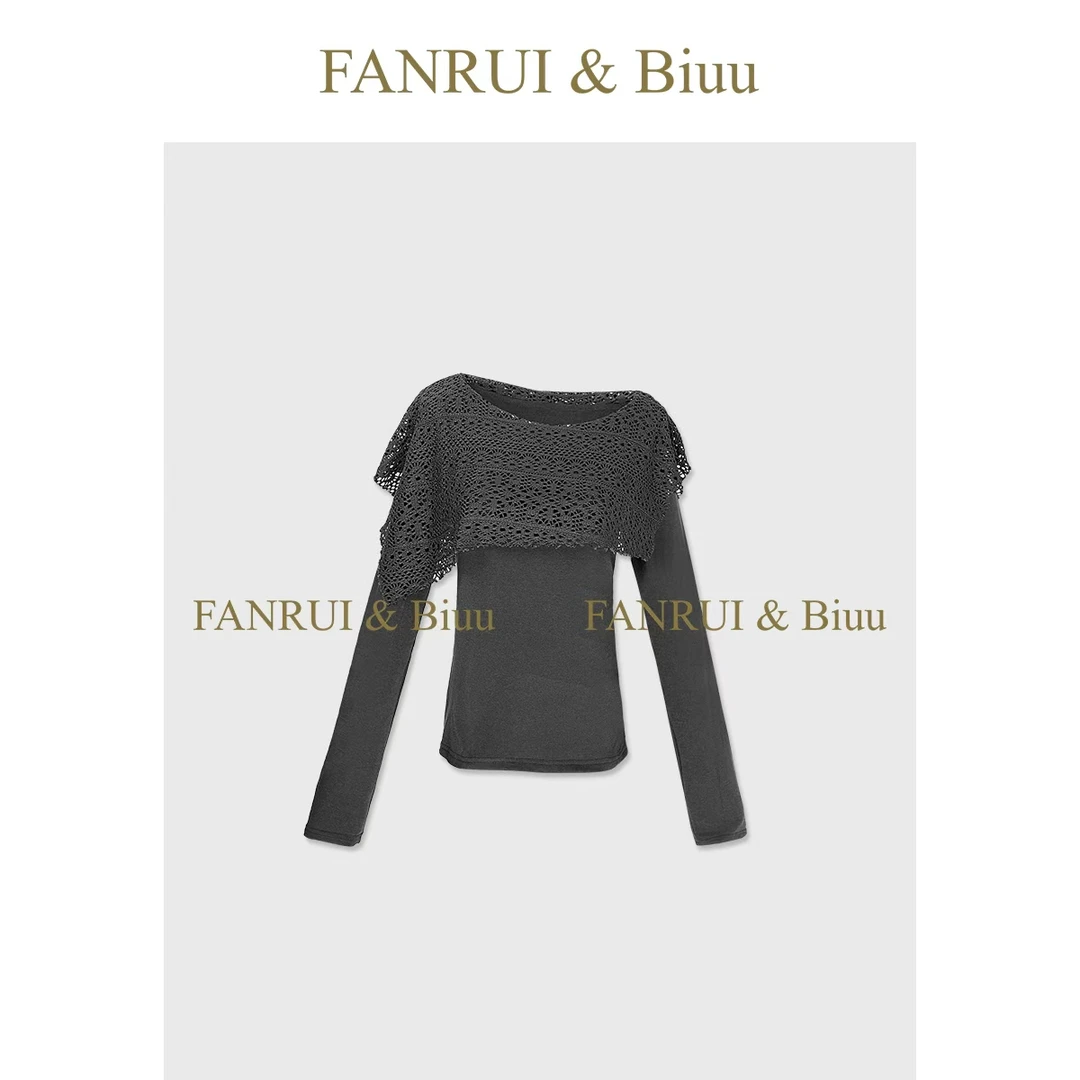 FANRUI/泛芮「绮罗雅韵」蕾丝拼接简约百搭时髦针织打底上衣B19392