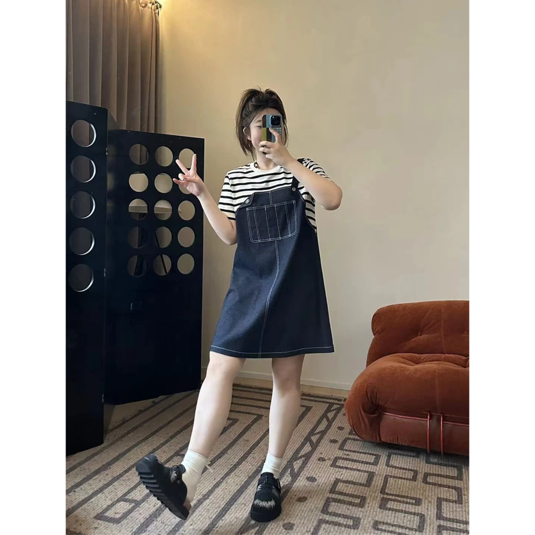 晶咕【环岛日记】时尚韩系百搭休闲拼接假两件宽松背带小长裙连衣裙