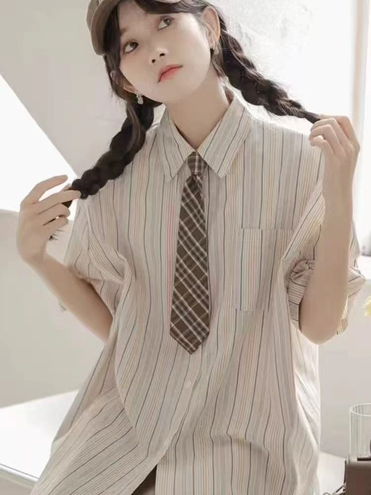 单排多扣三分袖条纹短袖夏季衬衫韩版夏装百搭衬衣