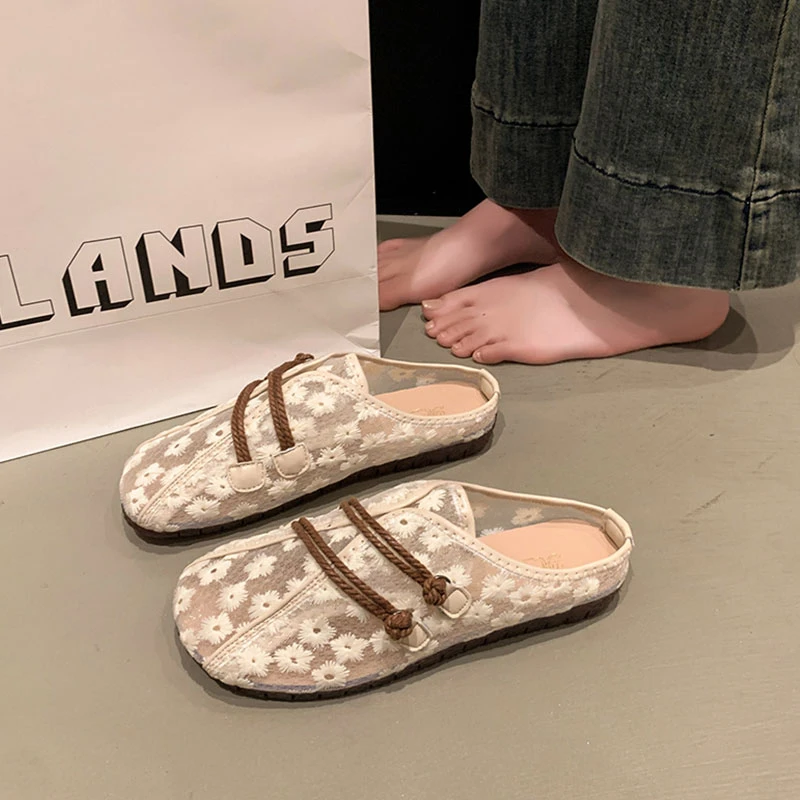 老北京布鞋女2025新款蕾丝透气新中式国风女鞋气质单鞋包头半拖鞋