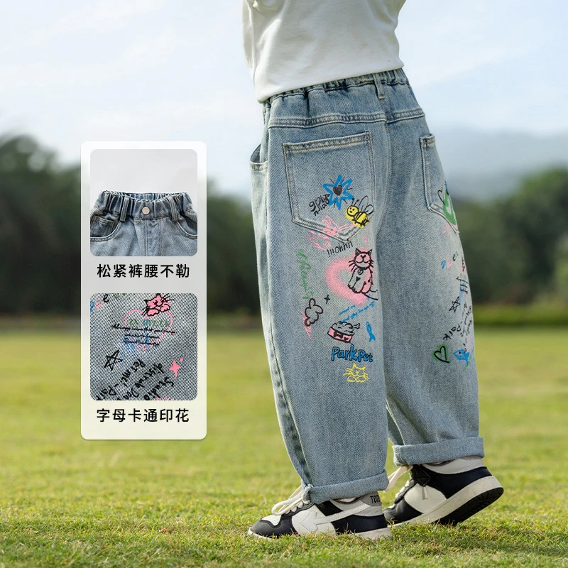 2025春季新款男童裤韩版卡通印花软牛仔裤男女童百搭长裤休闲裤子
