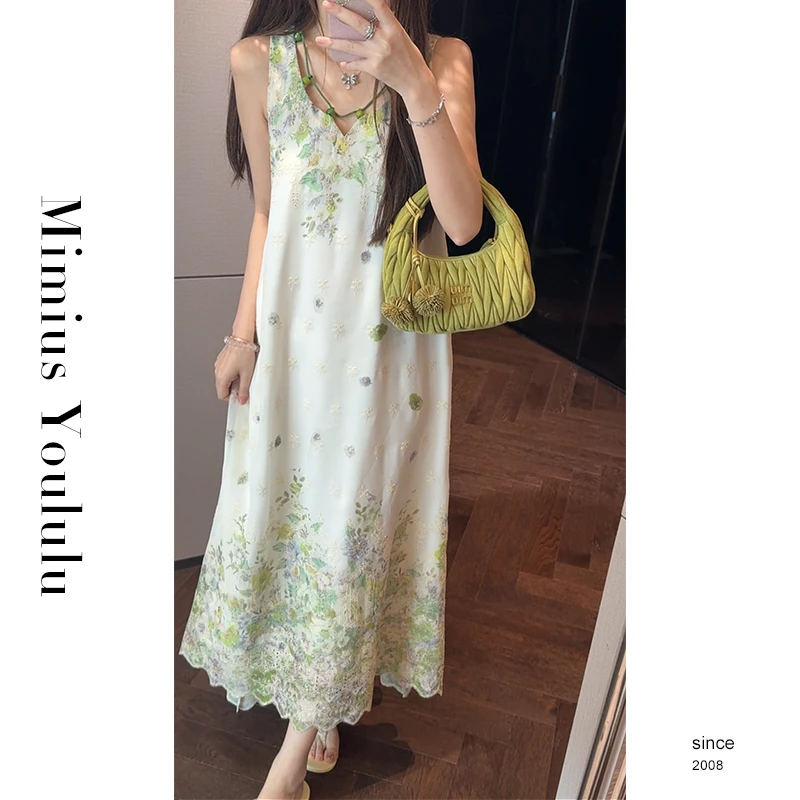【mimius】P 草木之灵 清新森系重工绣花挂脖连衣裙（含腰绳）G06198