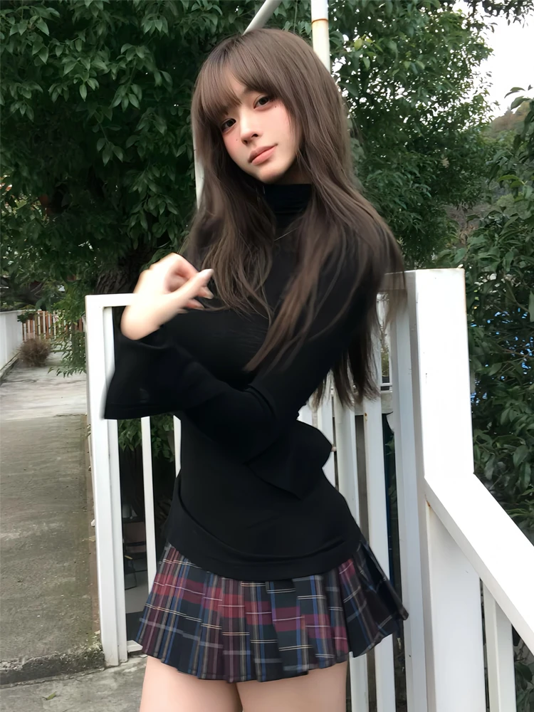 美式气质高领黑色高级感长袖t恤女初冬新款独特漂亮显瘦短款上衣