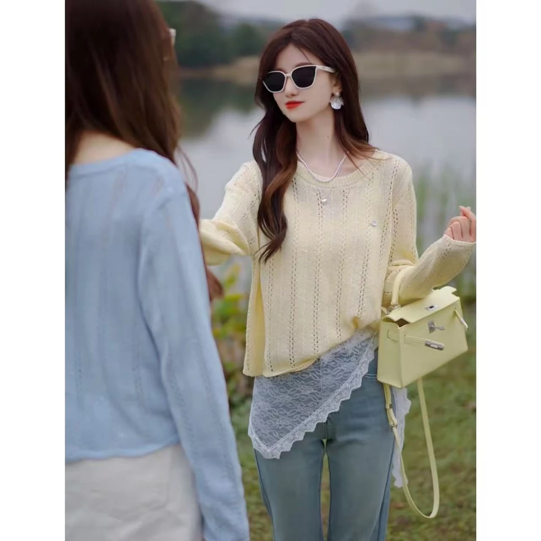 【惬意慵懒】韩版小众慵懒镂空长袖后背单排扣设计针织衫ZZ1220