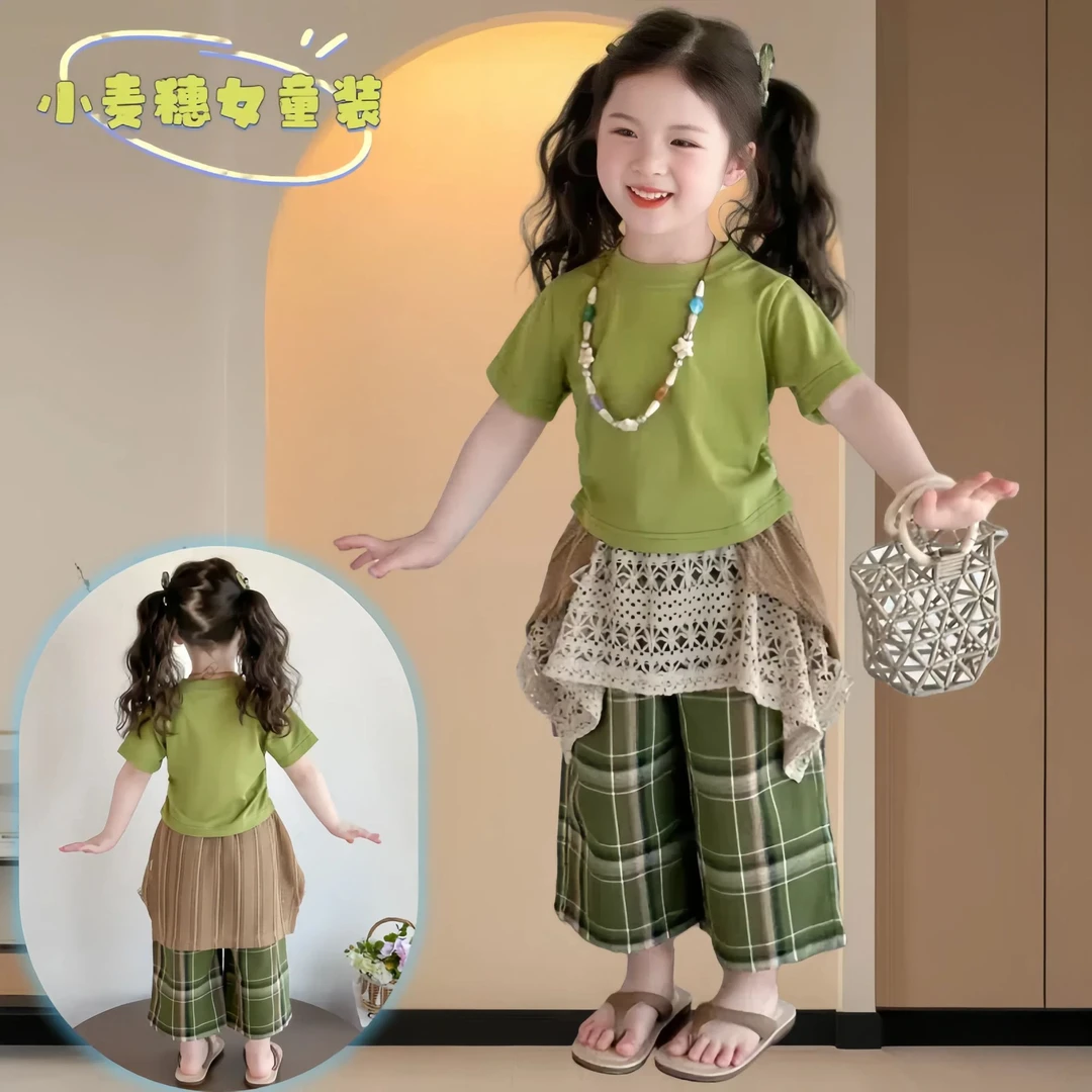 小女童套装时髦洋气两件套时尚休闲夏季格子女宝韩版百搭绿色小童