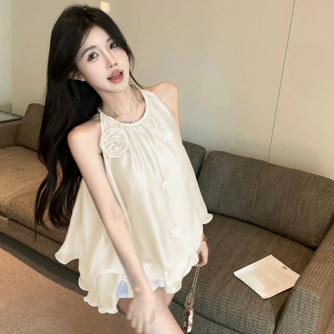 紫色花朵缎面挂脖吊带背心女网红泰式无袖抹胸上衣独特绝美娃娃衫