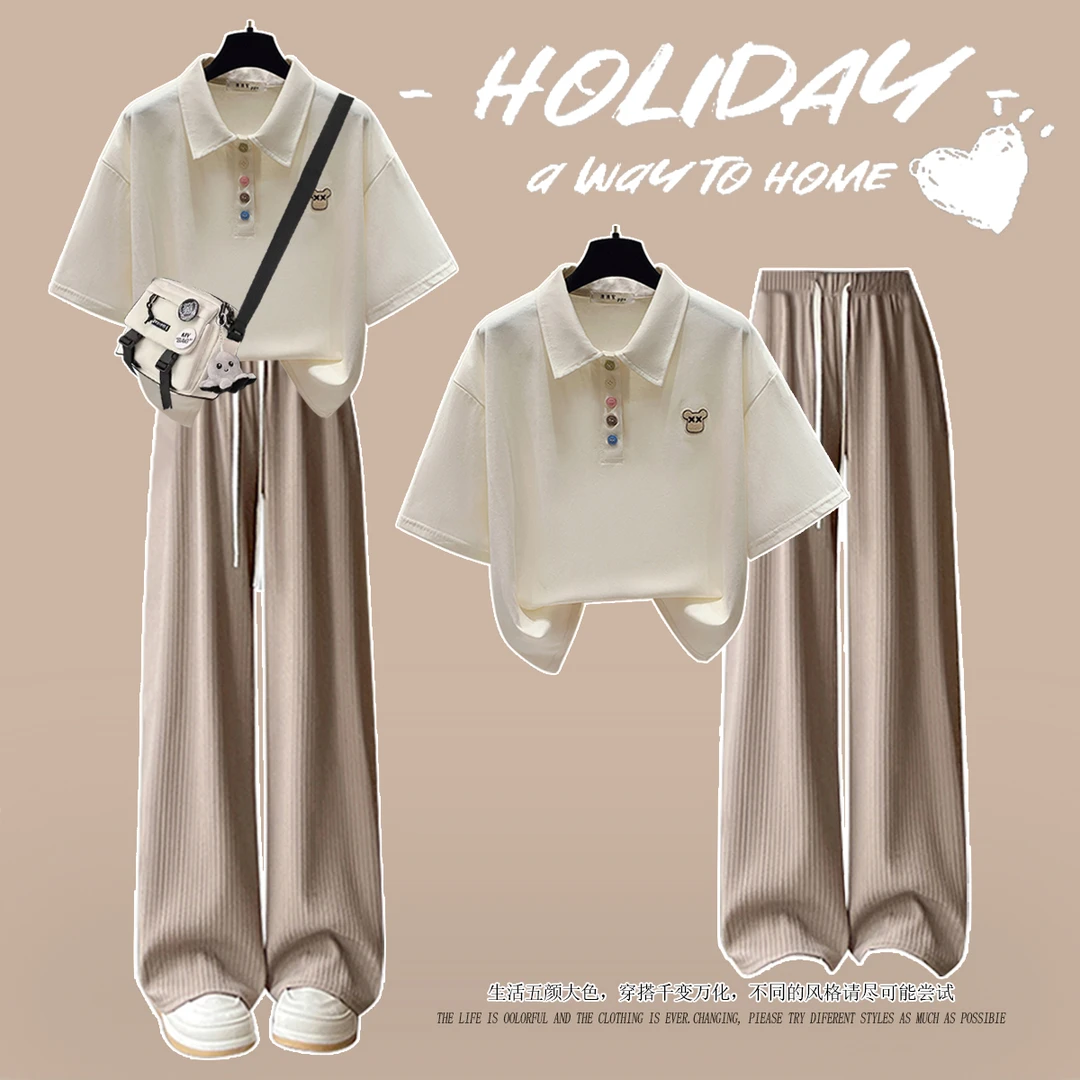 洋气套装大童夏季少女孩学院风Polo领短袖T恤初中学生休闲两件套