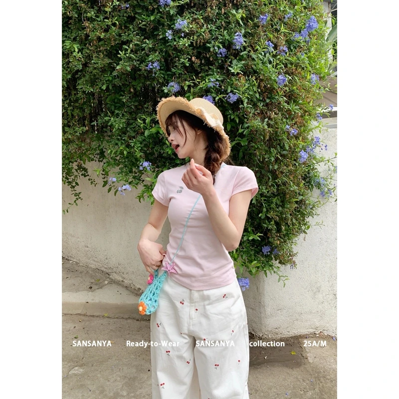 【三三】(一颗樱桃）新款修身显瘦白色短袖T恤女夏圆领正肩短款上衣