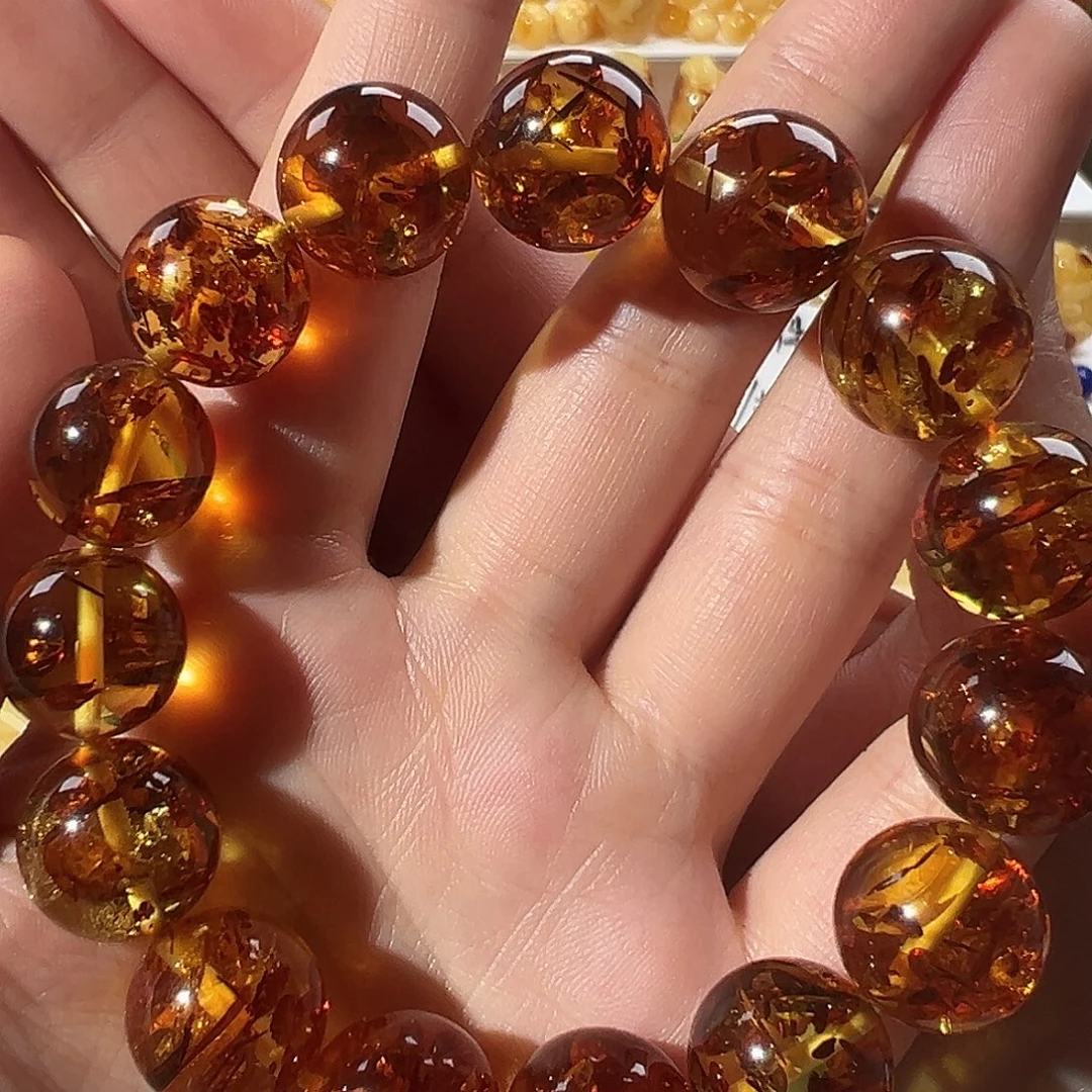 琥珀未镶嵌裸石花珀手串