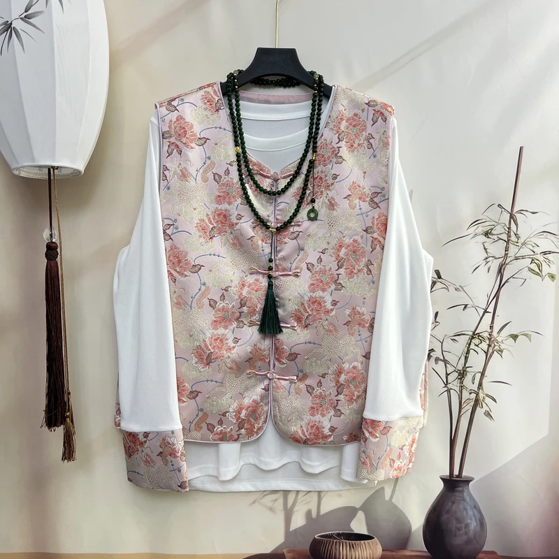 唐装中国风套装直襟中式提花气质长袖休闲薄款碎花上衣马甲打底