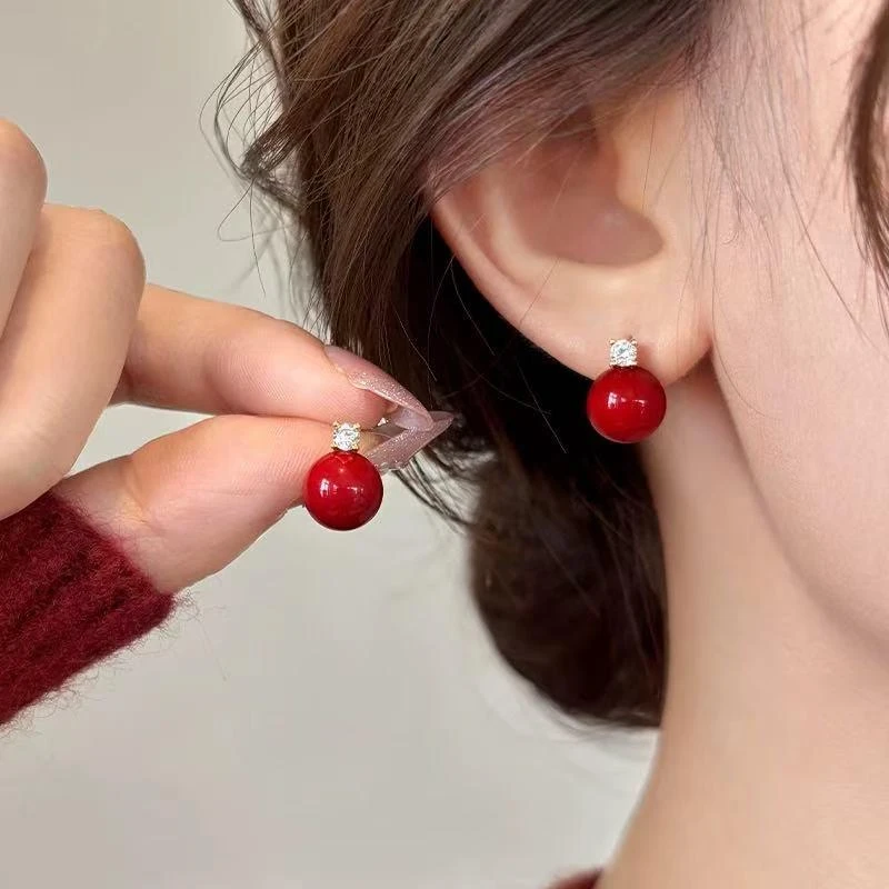 CAIEM KAIET 925银耳饰 安卡拉红镶钻珍珠耳钉女纯银独特喜庆耳饰