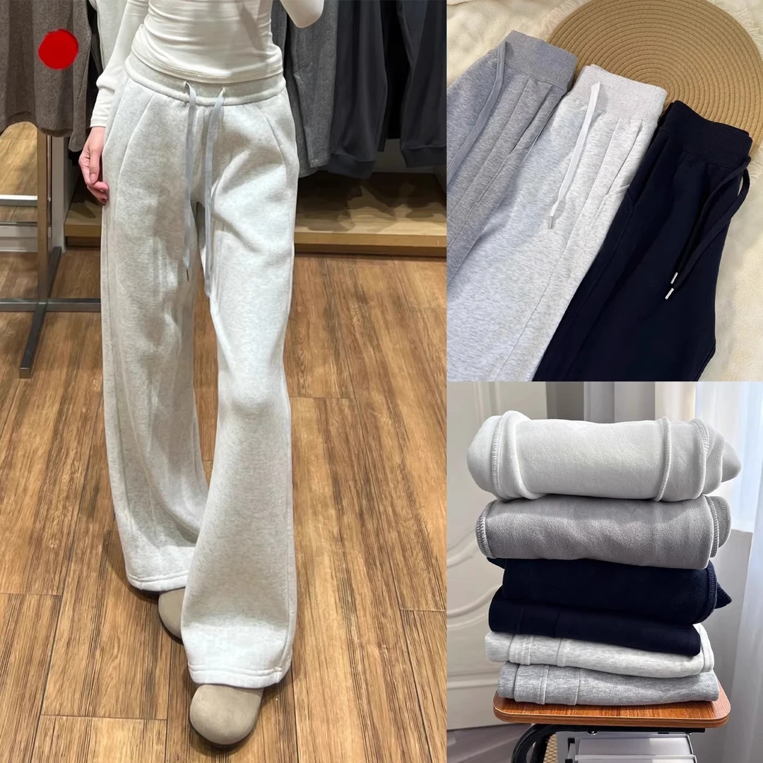 白灰色窄版加绒卫裤女秋冬季加厚运动裤子宽松直筒休闲垂感阔腿裤