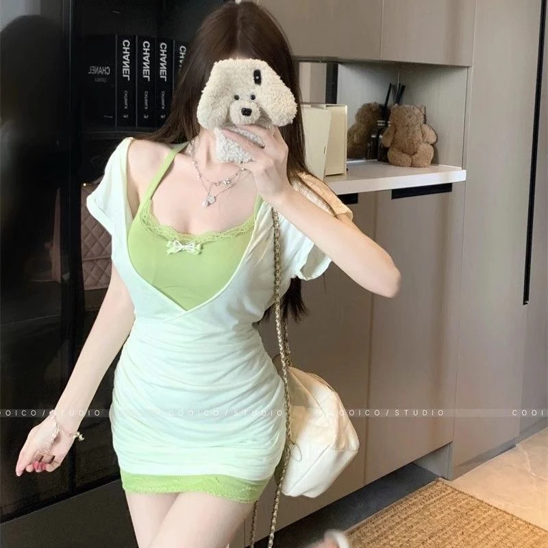纯欲风辣妹薄款罩衫T恤夏季内搭紫色蕾丝钻链吊带连衣裙两件套女
