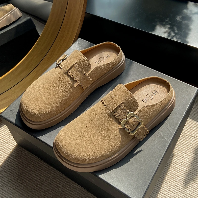 复古厚底百搭包头半拖鞋女2025春季新款欧若风软底舒适防滑勃肯鞋