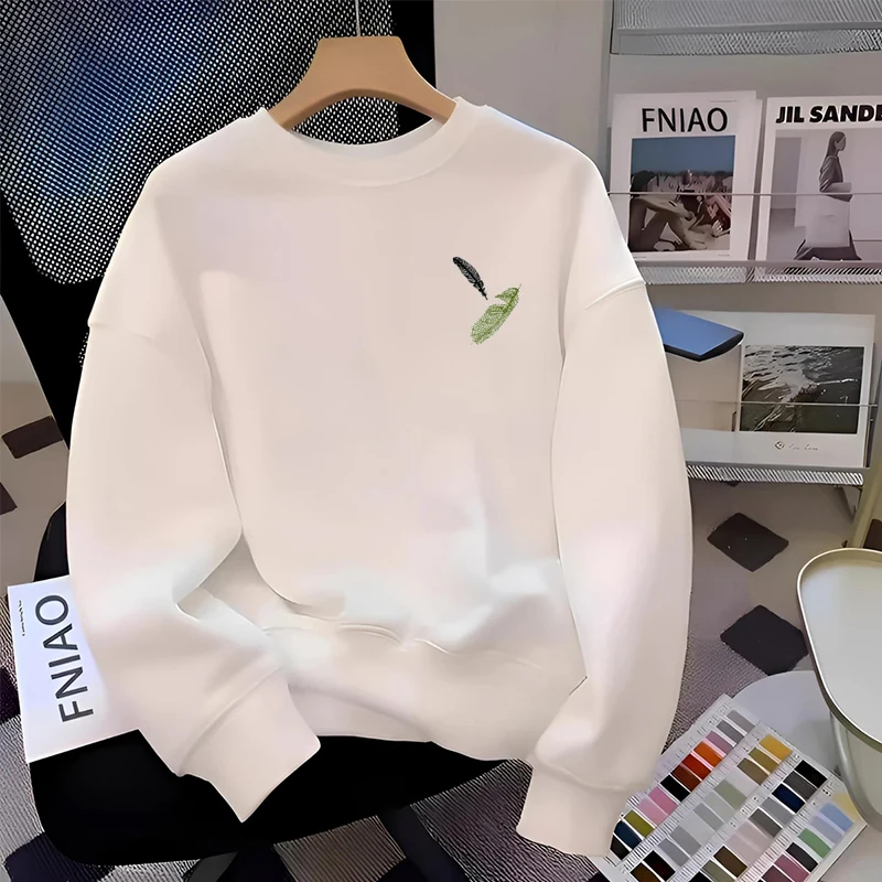 仓石一树轻奢羽毛印花圆领卫衣男秋冬季宽松加绒长袖打底衫上衣潮