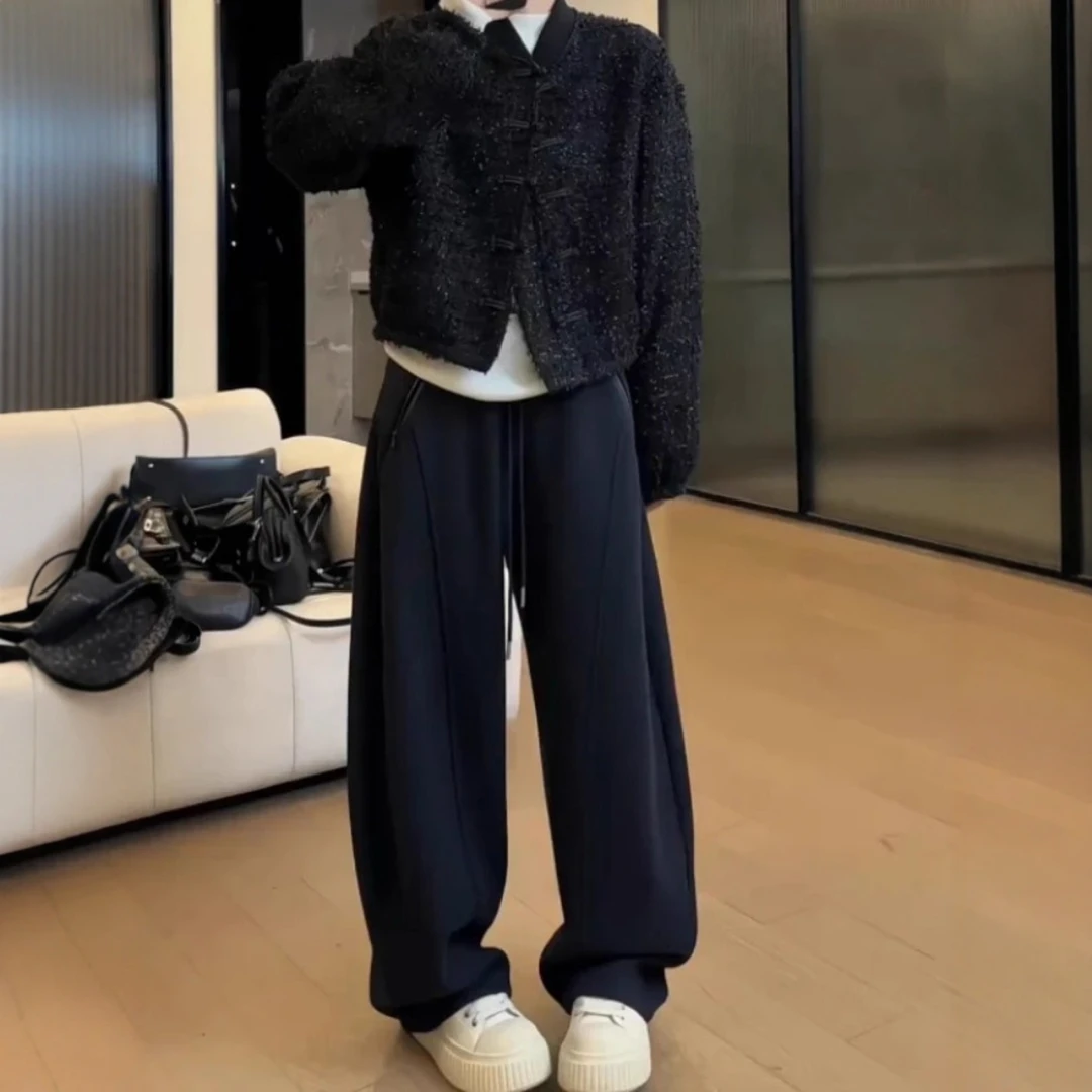 藏青色拉链弯刀休闲裤女2025秋冬新款大码卫裤梨形宽松显瘦阔腿裤