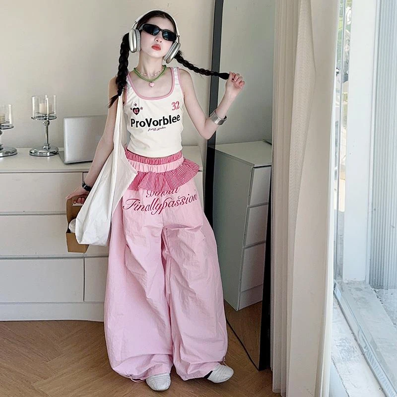 女童背心工装裤套装2025年儿童夏装无袖上衣花边阔腿裤长裤两件套