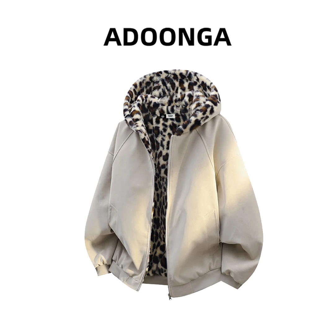 ADOONGA豹纹连帽痞帅双面穿棉衣男女同款秋冬季潮流百搭保暖外套