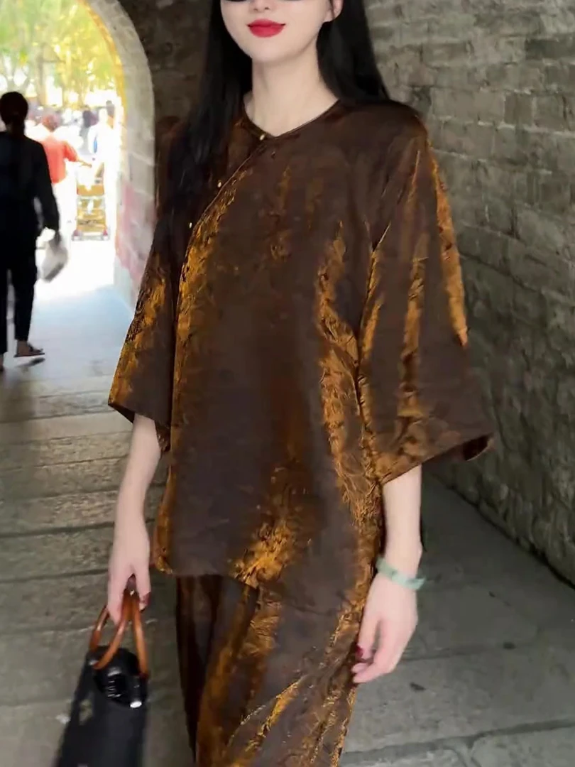 复古圆领斜襟咖色短袖女2025年夏季新款国风改良半袖休闲裤子套装