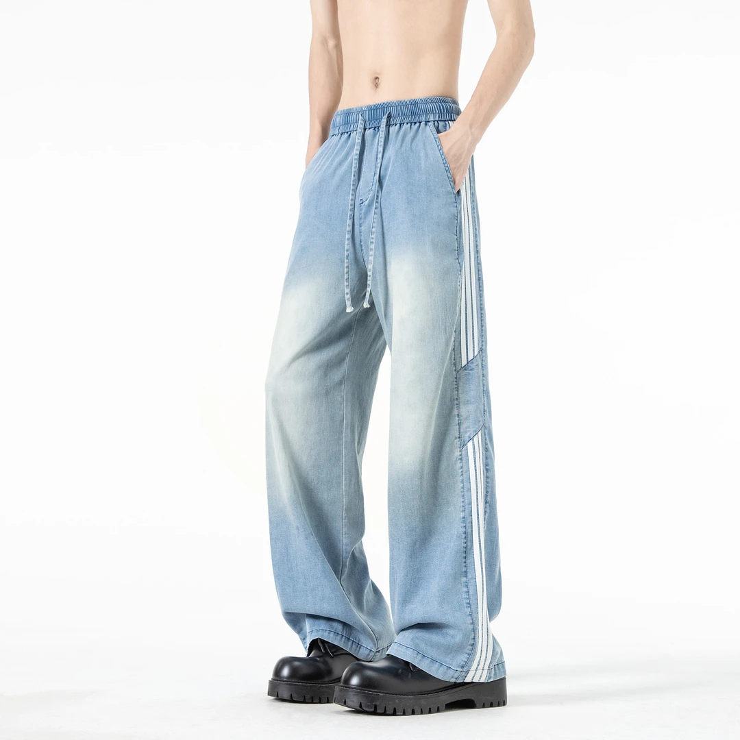 2025新款夏季薄款青少年直筒宽松阔腿裤美式高街裤子牛仔裤男士