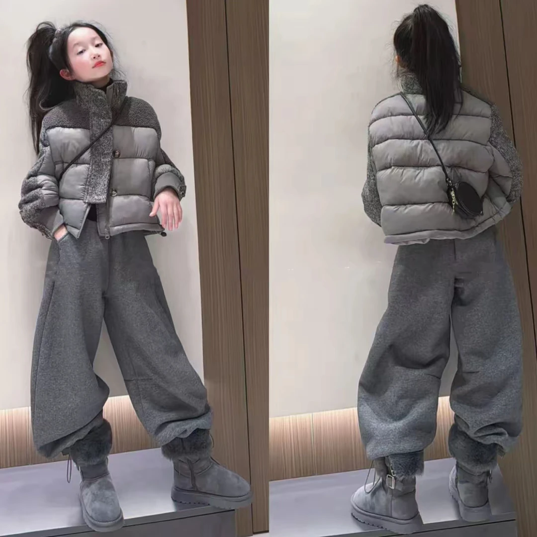 女童套装时尚设计拼接羊羔毛棉服短款外套加绒针织弯刀裤2025冬潮