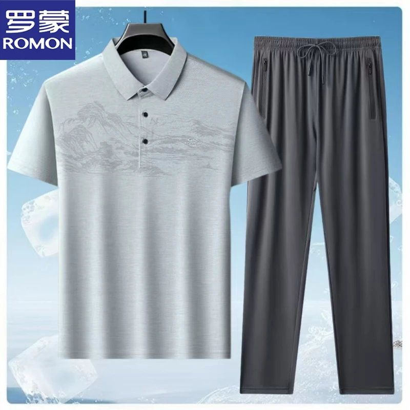 罗蒙父亲节爸爸夏季新款高级运动套装男士宽松翻领短袖T恤两件套
