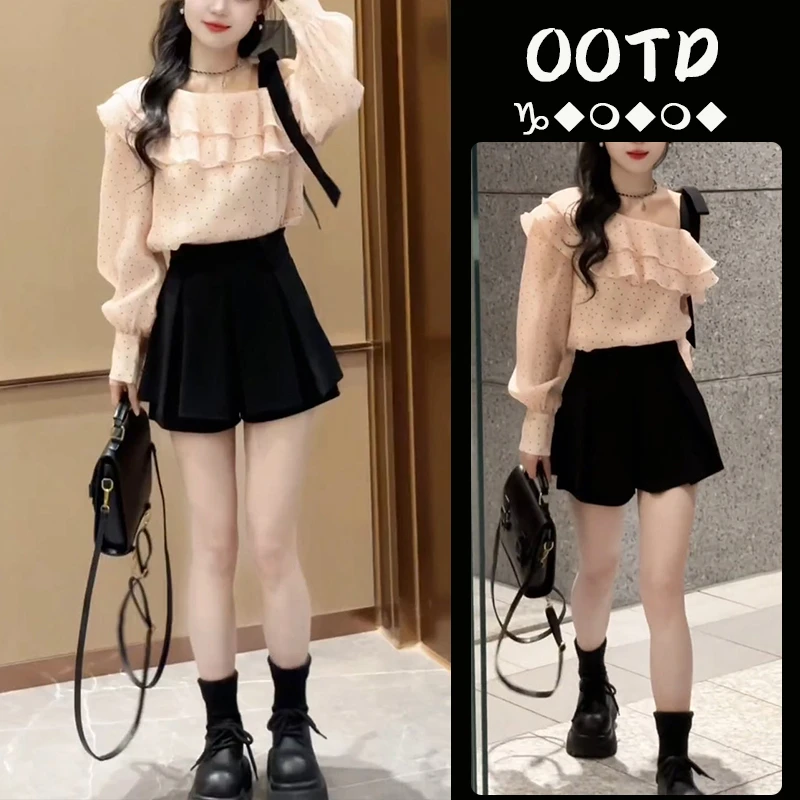 2025夏季穿搭一整套女新款韩版露肩波点上衣显瘦百搭百褶裙两件套
