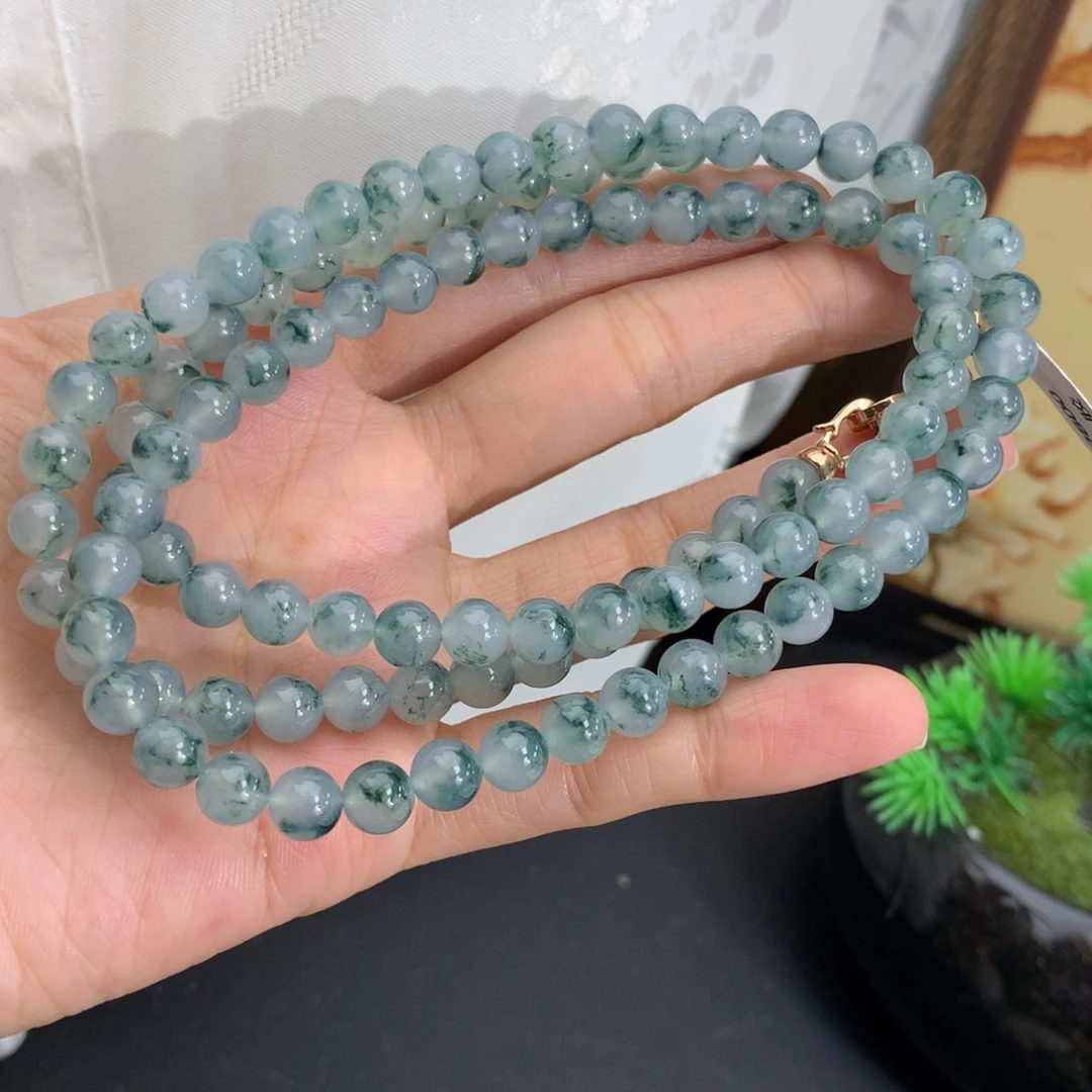 翡翠未镶嵌手串卡6.5冰胶蓝飘花项链