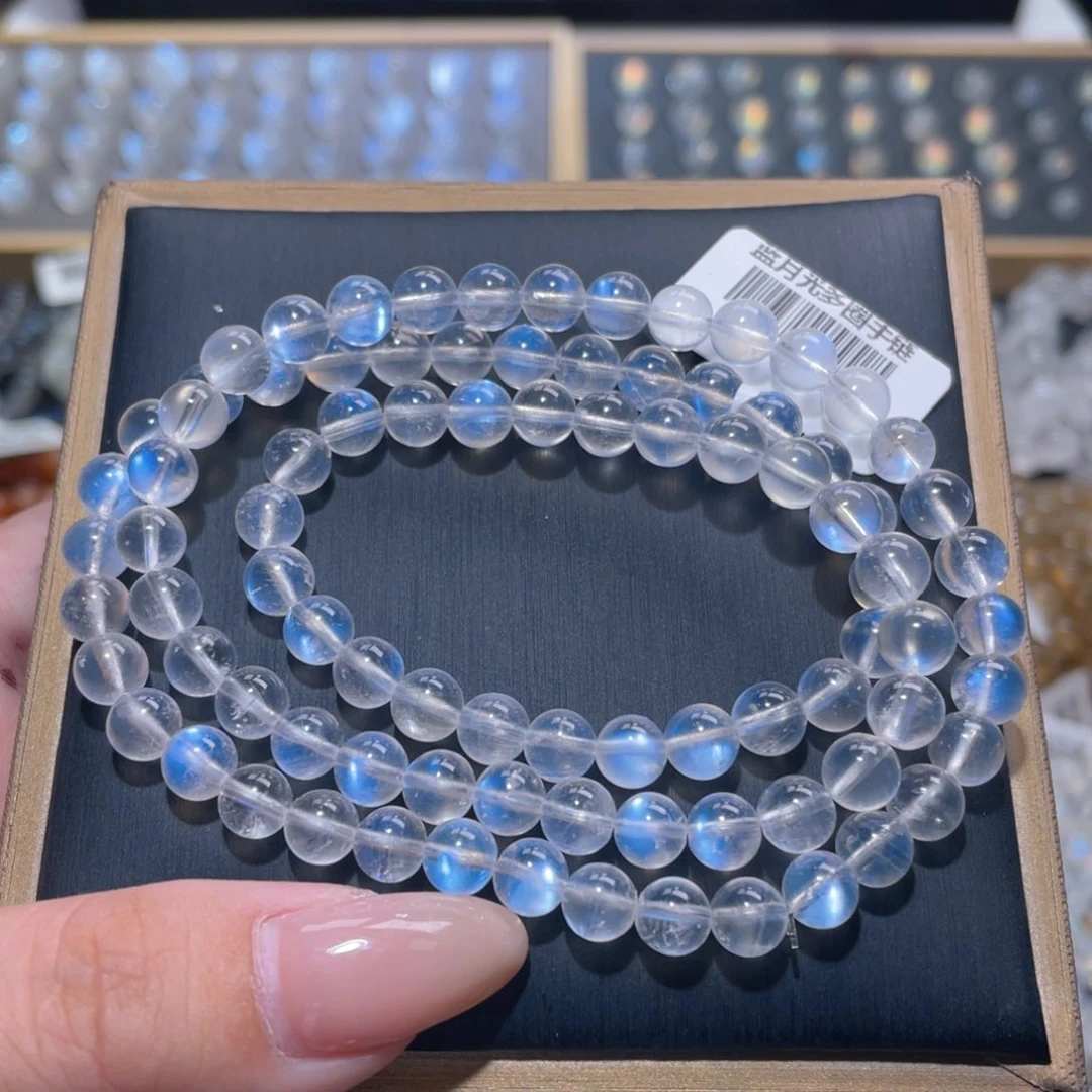 长石未镶嵌手链高冰透蓝月光手链多圈6.5mm