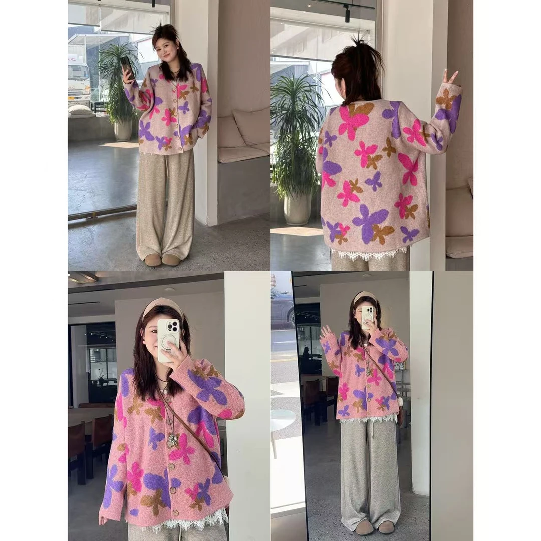 晶咕佳佳【蝴蝶诗集】彩色蝴蝶图案花花密实针织开衫时尚复古宽松