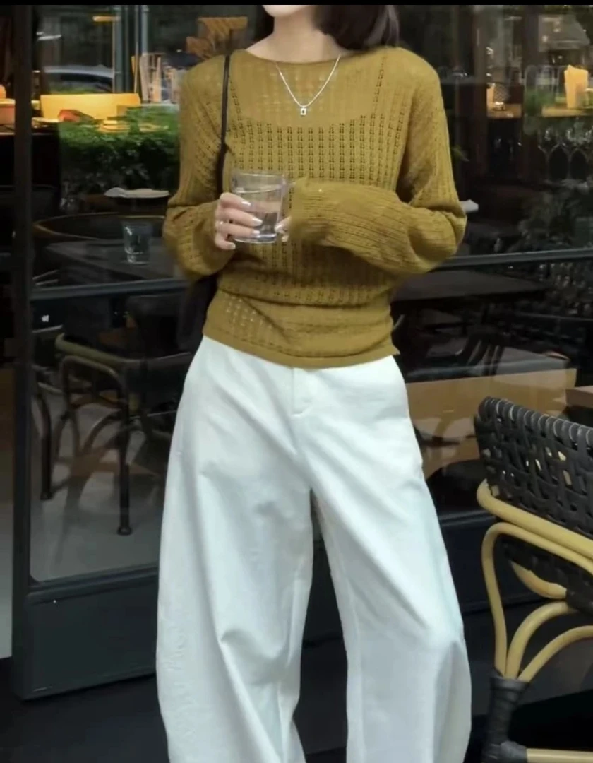 新款时尚气质百搭洋气上衣毛衣高腰休闲裤子女装黄色针织衫网红款