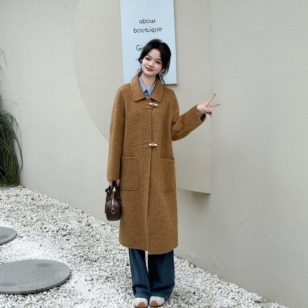 女士百搭韩版秋冬气质法式小香风宽松简约时尚长款羊毛大衣 25907