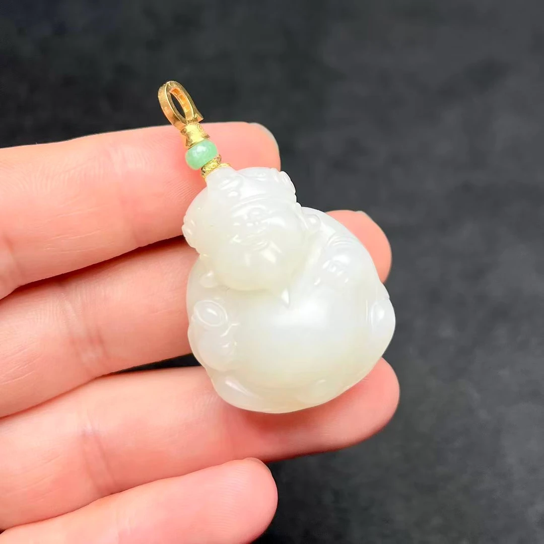 【熊总夫妇】和田玉白玉财神佛公18k金扣头
