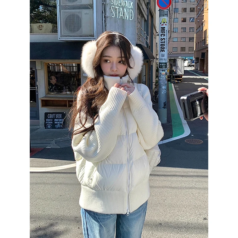 韩系百搭针织拼接立领棉服外套女2025秋冬新款设计感修身保暖外套