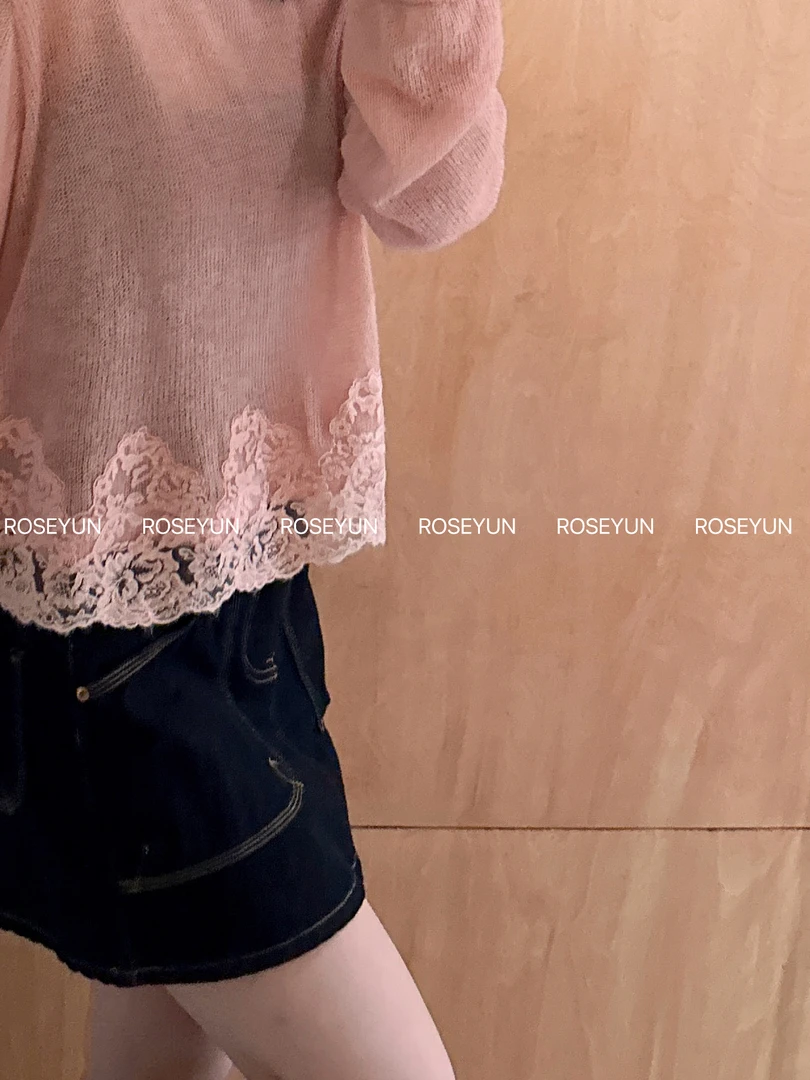 【Rose Yun】嗲嗲娇俏感 一字领蕾丝下摆羊毛针织上衣 252023