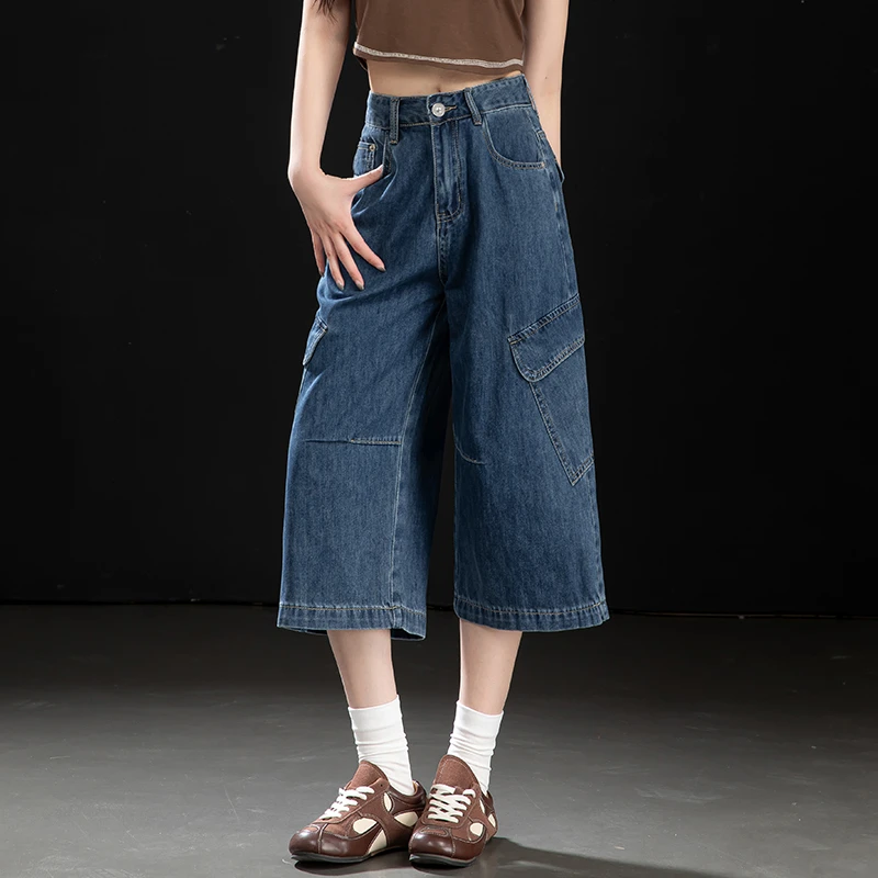 美式工装七分裤女2025夏季新款大口袋设计感直筒宽松7分休闲短裤