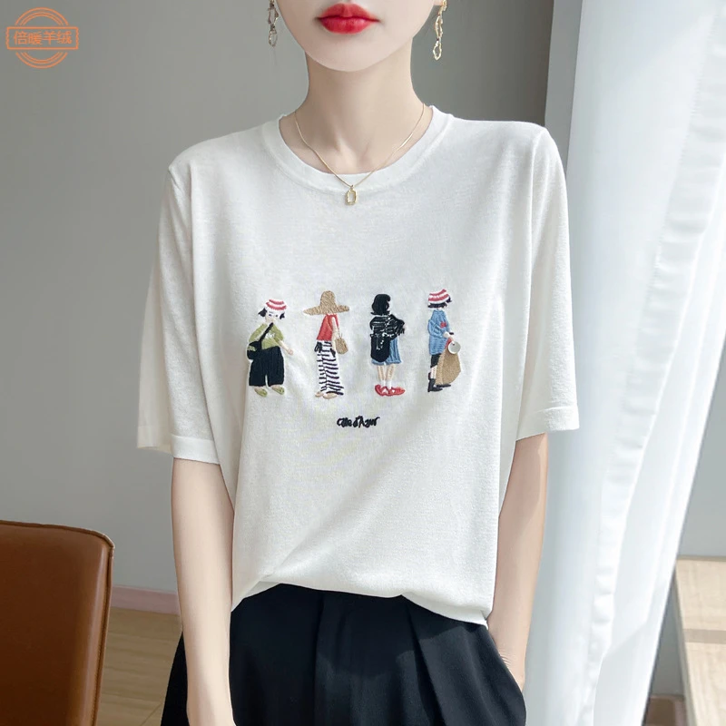 夏新款女针织短袖女四女孩刺绣竹节麻圆领上衣t恤正肩休闲半袖