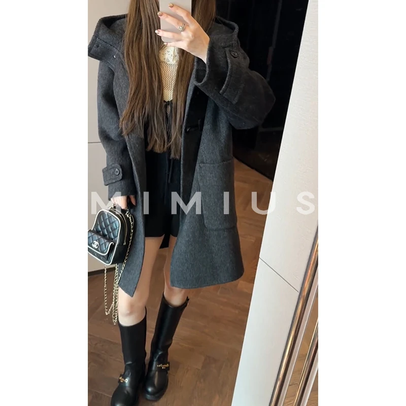 【mimius】P 高支羊毛立体裁剪手工缝双面呢羊角扣大衣 G09023