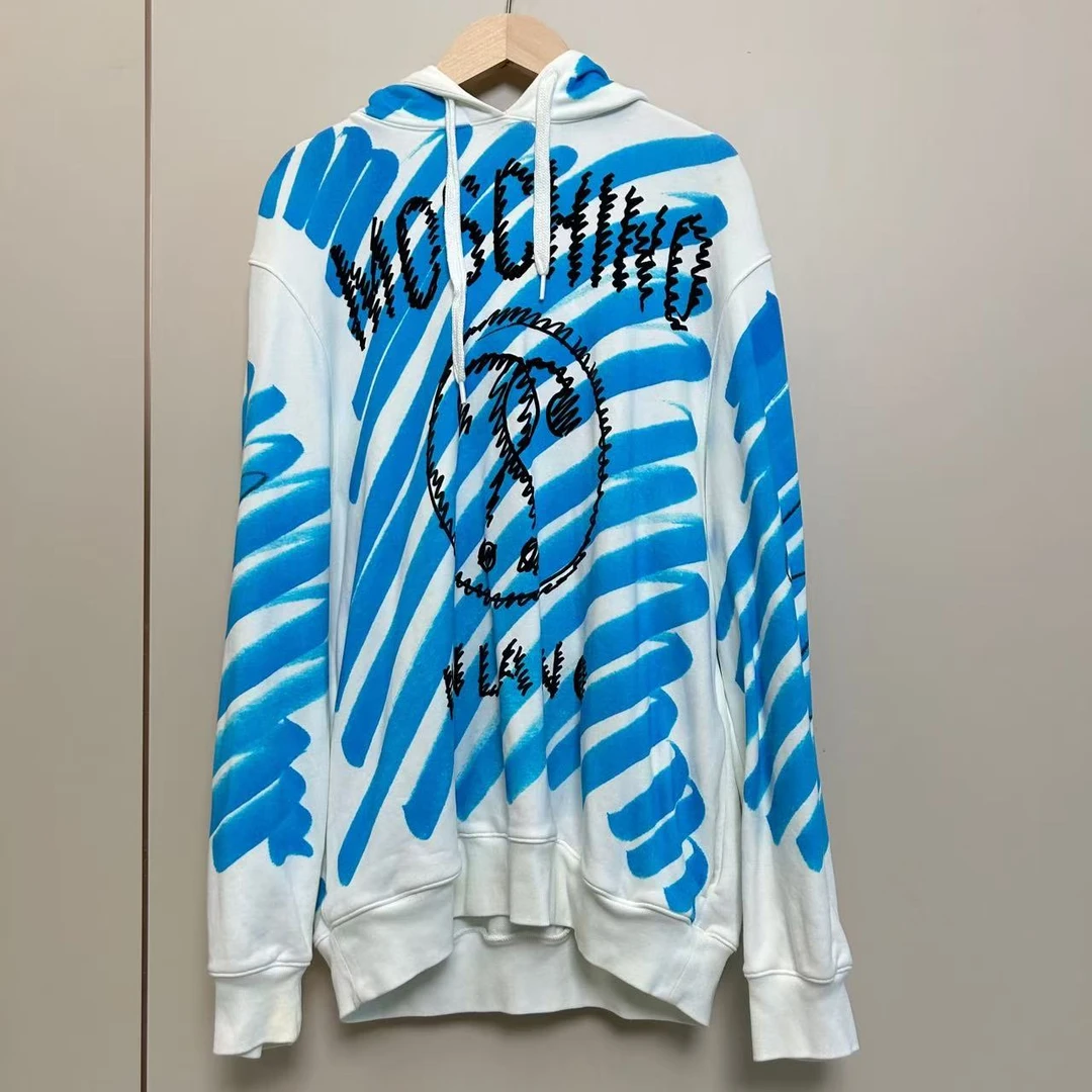 95新 Moschino/莫斯奇诺 莫斯奇诺蓝色涂鸦连帽卫衣/bb276