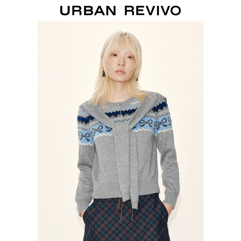 UR2025冬季新款女装休闲费尔岛假两件绑带针织开衫UYL950264