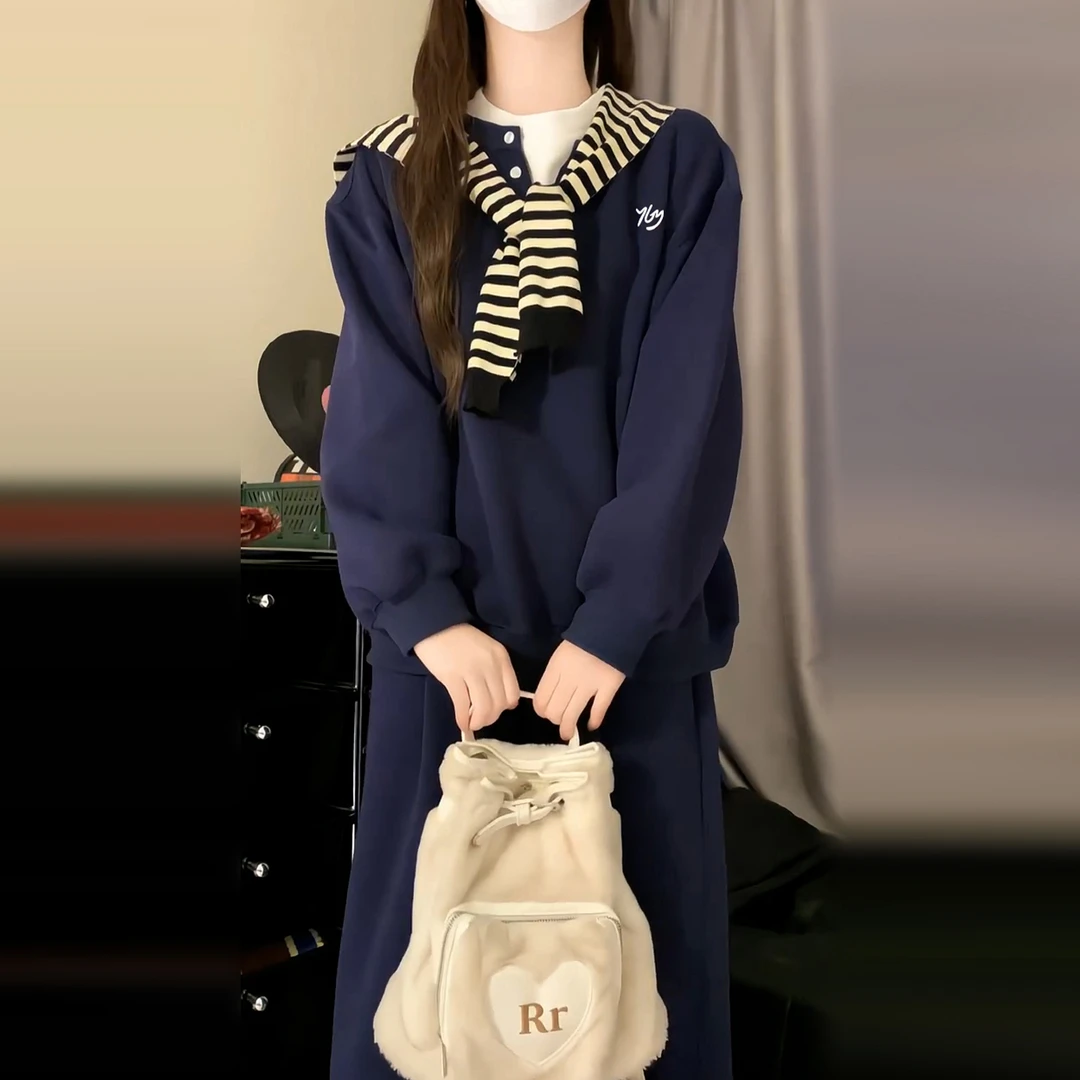 韩系学院风假两件带披肩卫衣女早秋季松弛高级感宽松上衣裤子套装