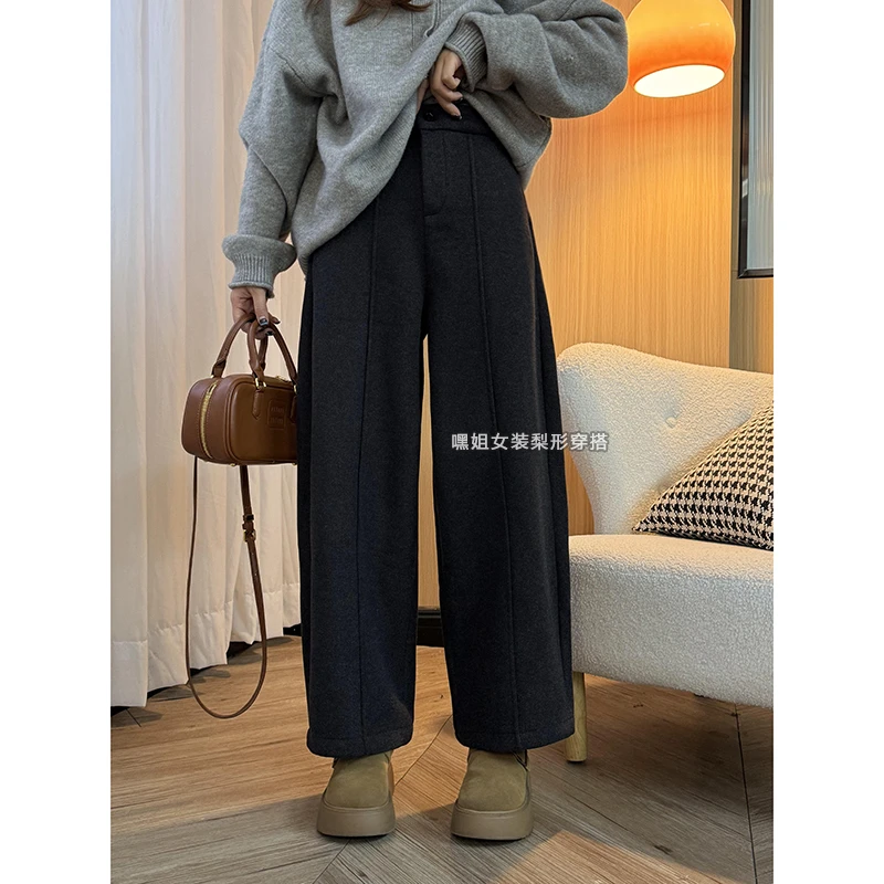 【格雷系毛呢裤】韩系简约百搭垂感加绒加厚保暖弯刀裤女冬季新款