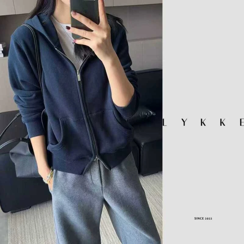 LYKKE 25新款连帽卫衣外套正肩双头拉链慵懒风开衫上衣-25351