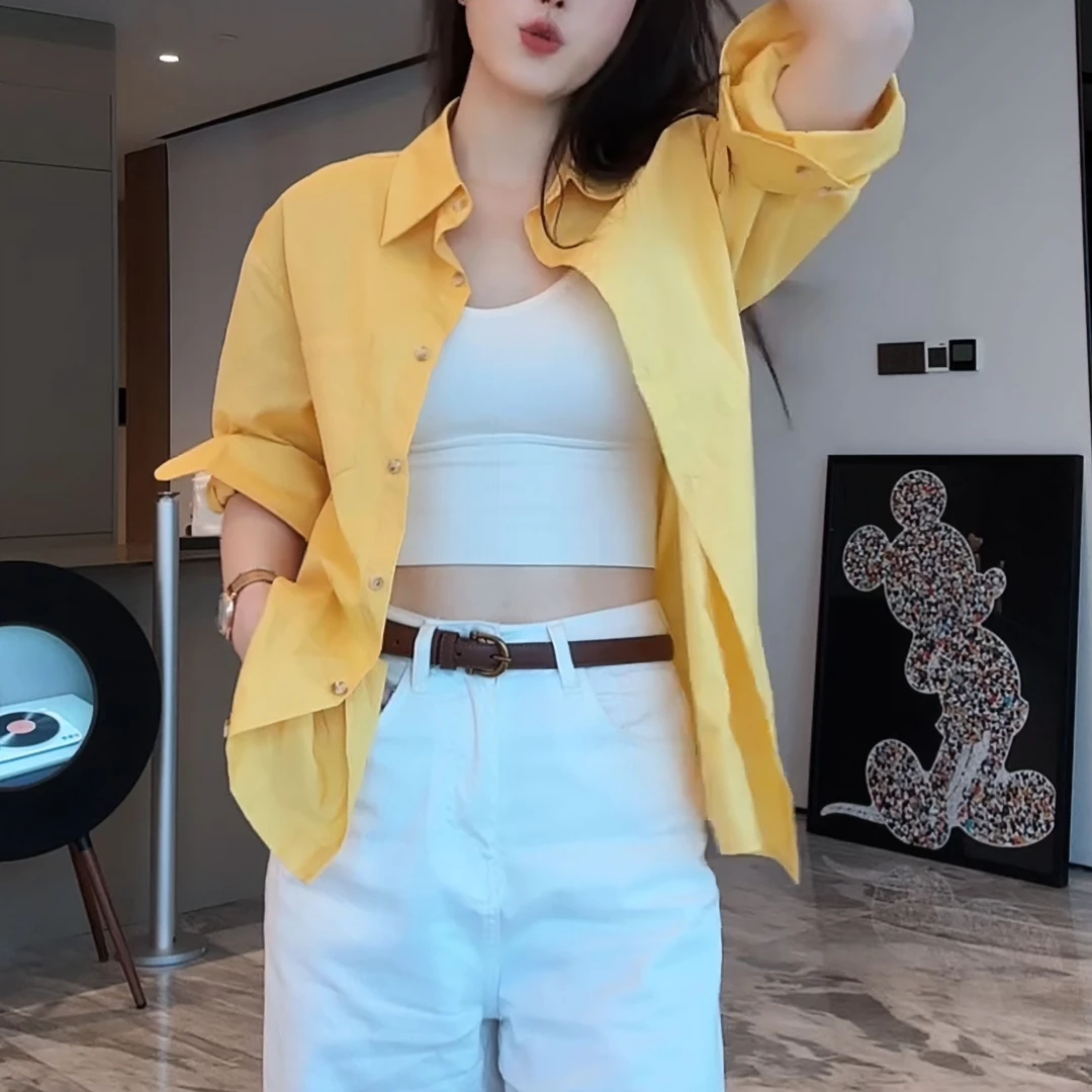 春季韩系衬衫黄色正肩衬衣独特超好看外套长袖上衣女LK2501655