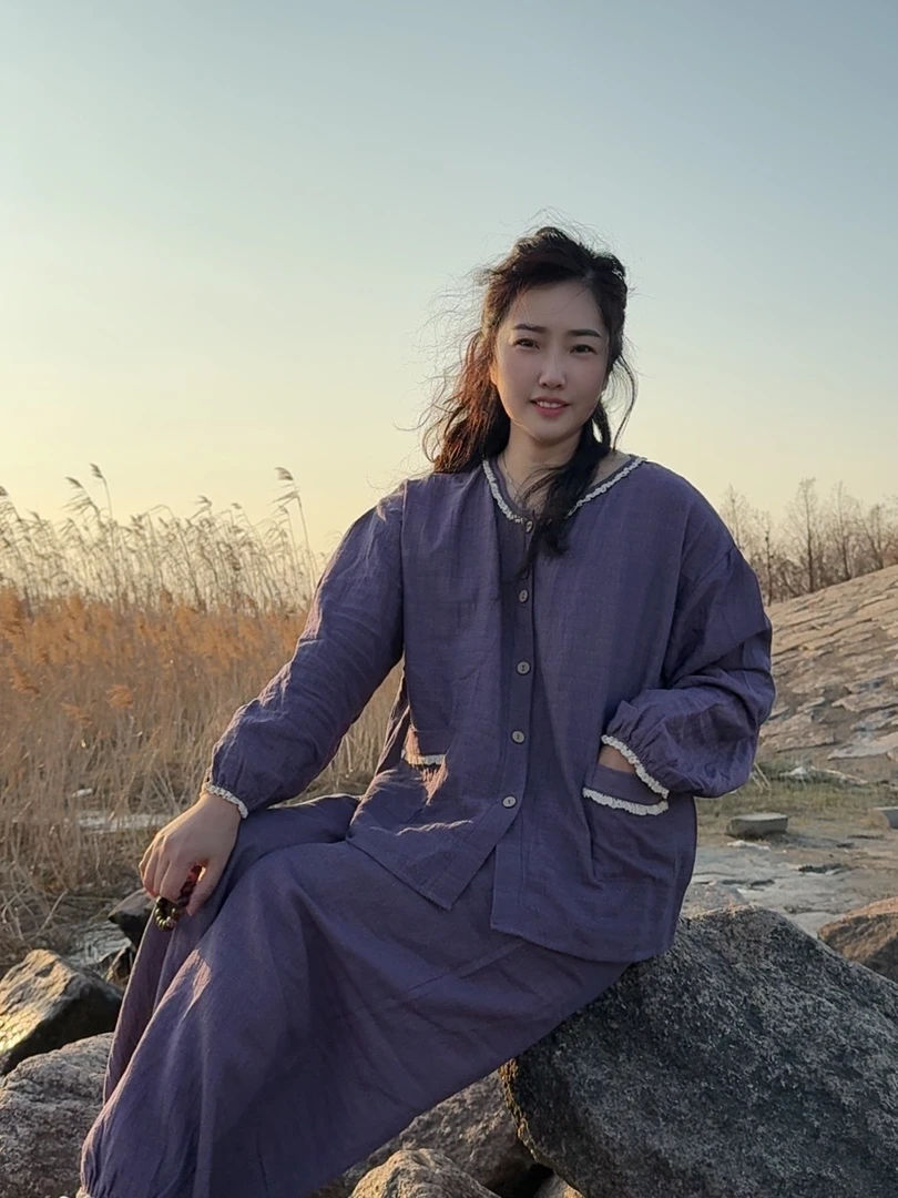 【弘雪】全棉双层纱女款长袖家居服起居紫色百搭睡衣秋冬纯棉套装