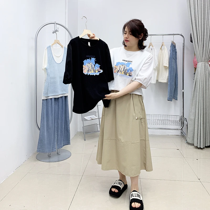 圆领字母城堡T恤+大口袋工装半身裙A字裙夏季薄款大码女装梦小美