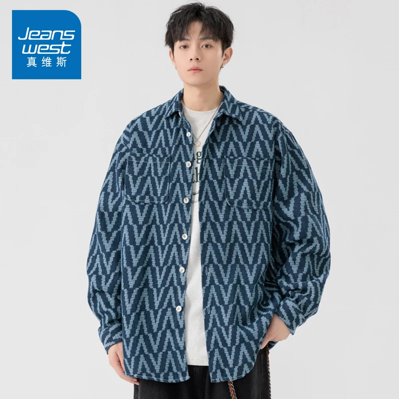 真维斯重磅牛仔长袖衬衫男2025春季新款美式复古宽松情侣外套男装